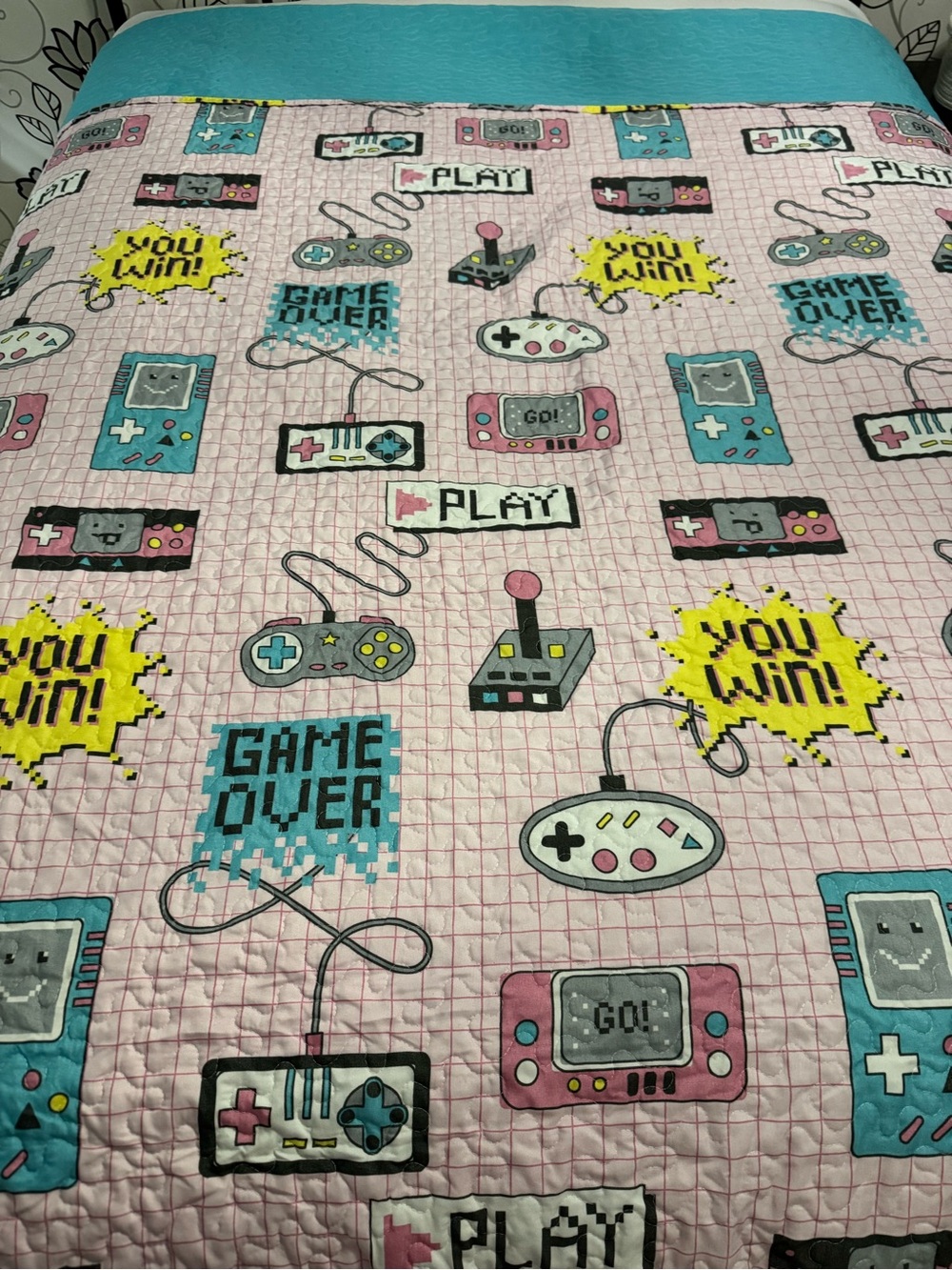Retro Gaming Print Quilted Bedspread - Pink & Teal. Size double